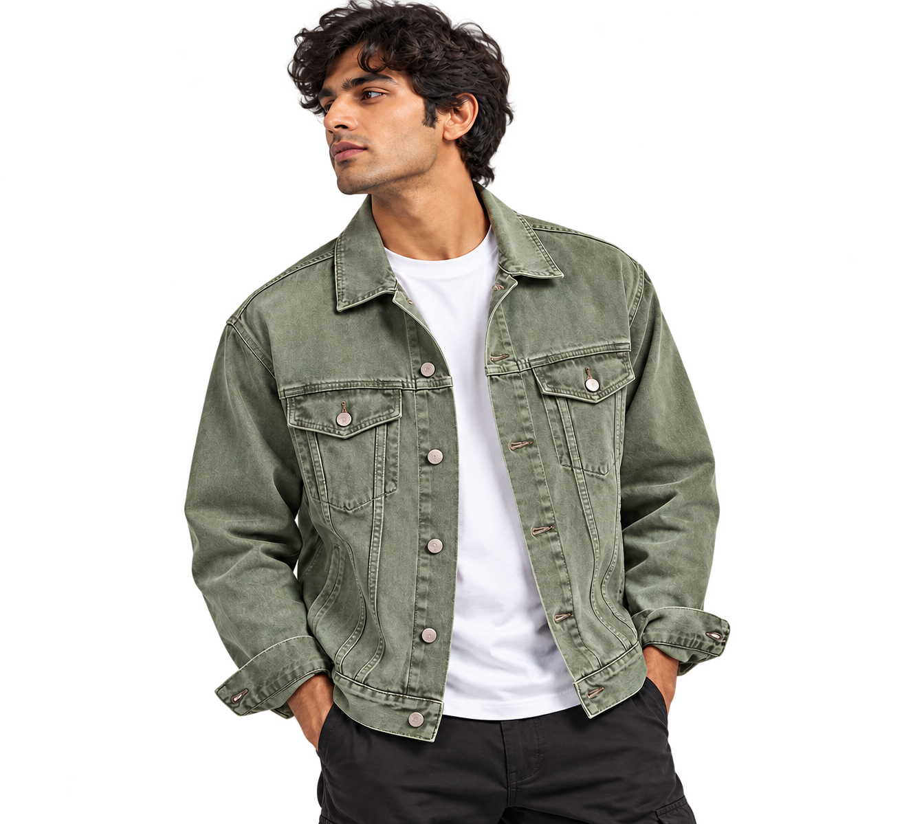 Model wearing a sage green denim jacket over a white T-shirt